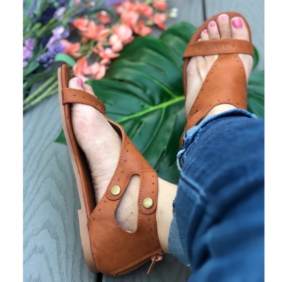 Tan Vegan Leather Studded Sandals - Picture 7 of 8